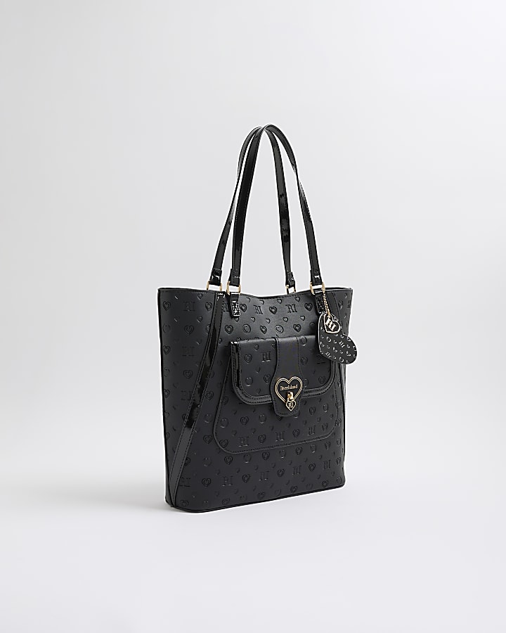 Girls Black Heart Lock Pocket Shopper Bag