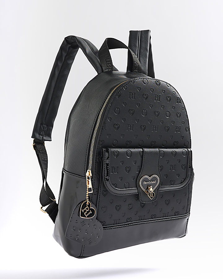 Girls Black Cream Heart Lock Pocket Backpack