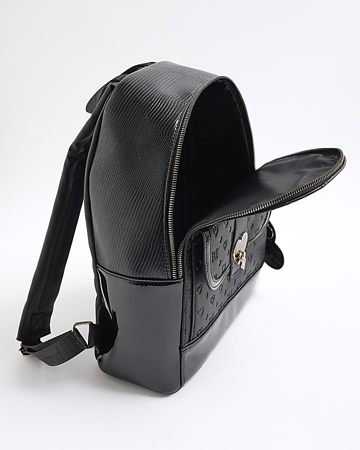 Girls Black Cream Heart Lock Pocket Backpack