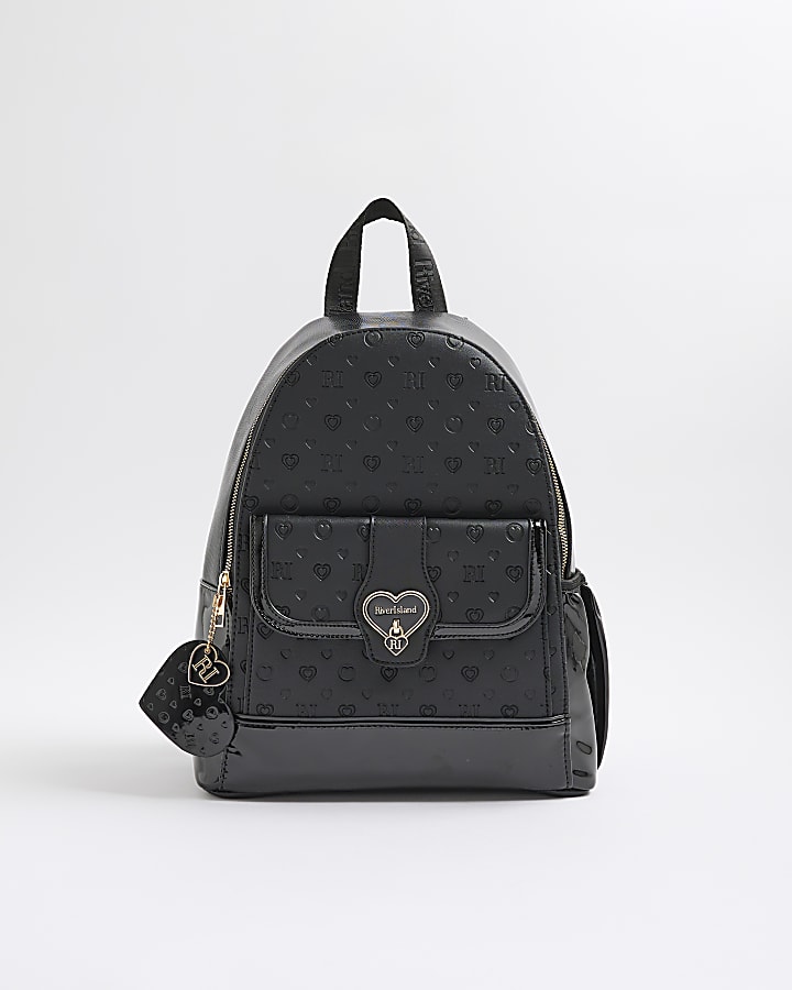 Girls Black Cream Heart Lock Pocket Backpack