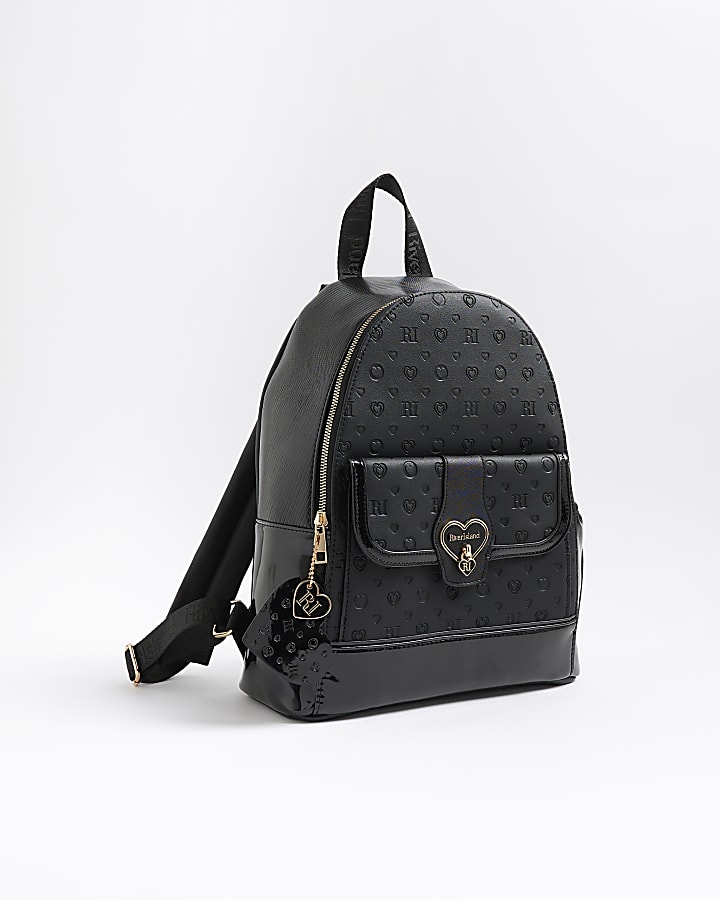 Girls Black Cream Heart Lock Pocket Backpack