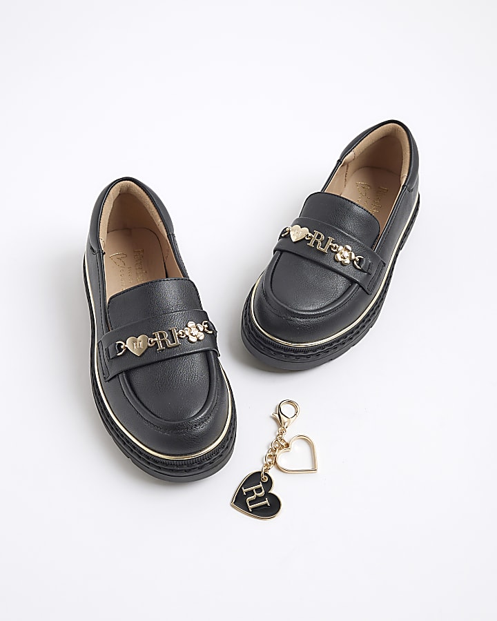 Girls Black Flower Chain Loafers