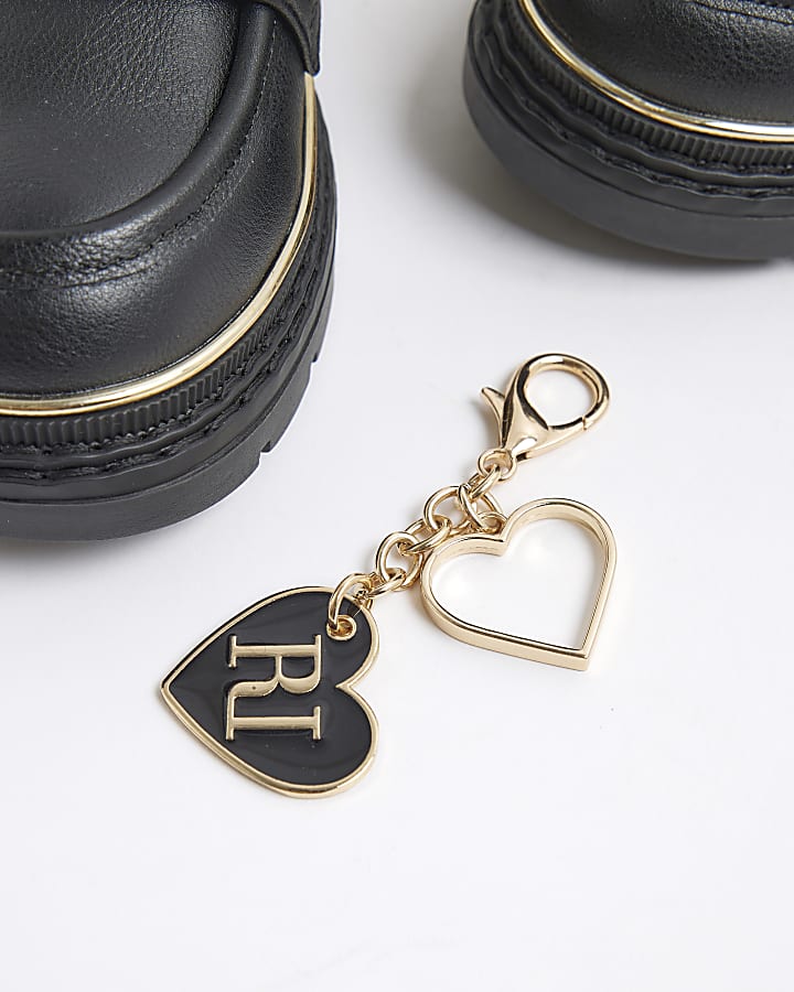 Girls Black Flower Chain Loafers