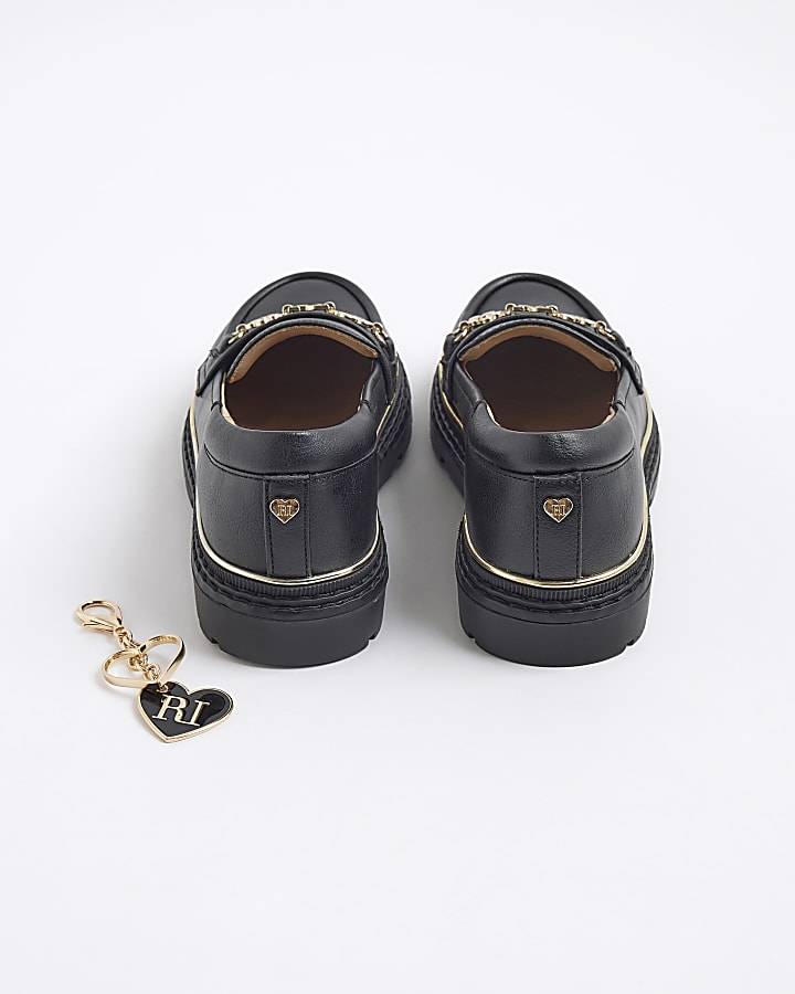 Girls Black Flower Chain Loafers