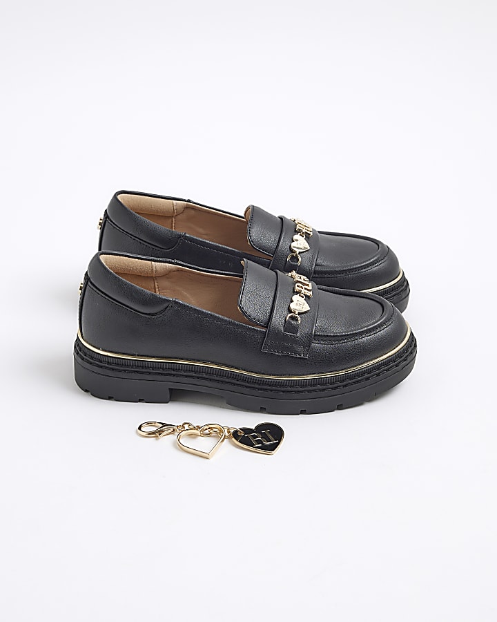 Girls Black Flower Chain Loafers