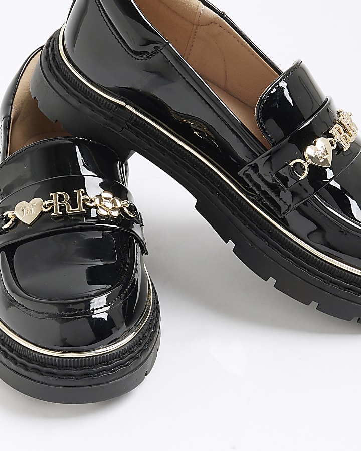 Girls Black Patent Flower Chain Loafers