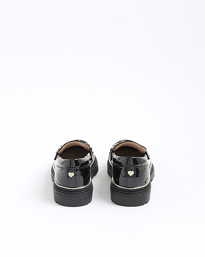 Girls Black Patent Flower Chain Loafers