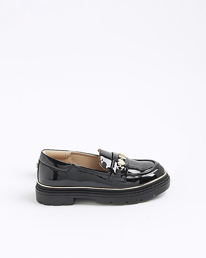Girls Black Patent Flower Chain Loafers