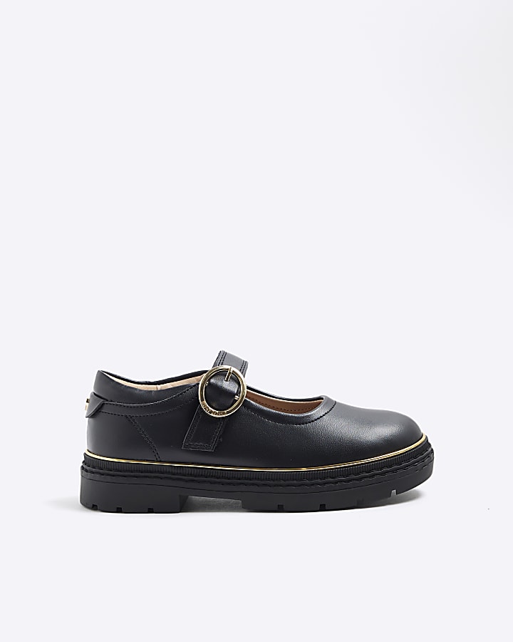 Girls Black Oval Buckle Mary Jane Shoes