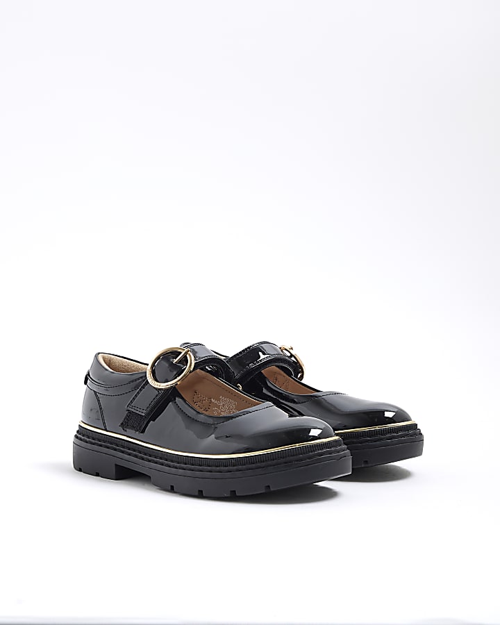 Girls Black Oval Buckle Mary Jane Shoes