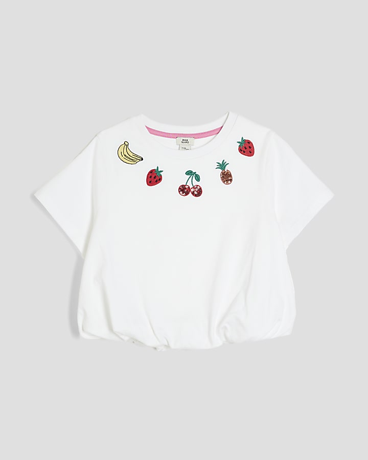 Girls White Fruit Bubble Hem T-Shirt
