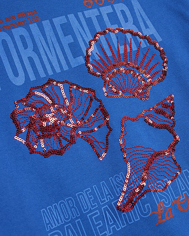Girls Blue Shell Embellished T-Shirt