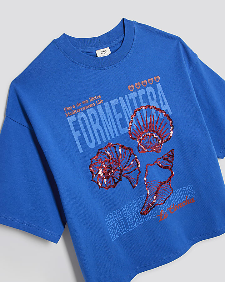 Girls Blue Shell Embellished T-Shirt