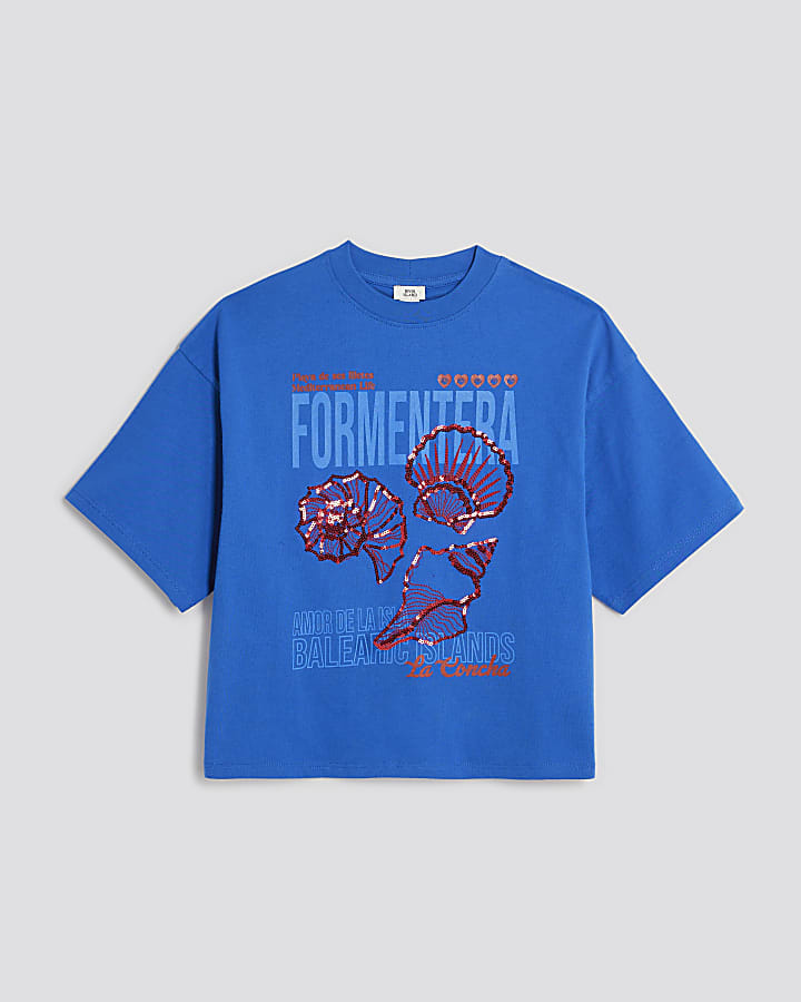 Girls Blue Shell Embellished T-Shirt