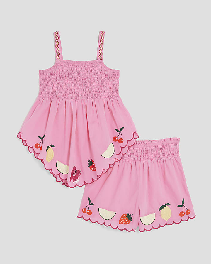Girls Pink Fruit Hanky Hem Cami Top Set