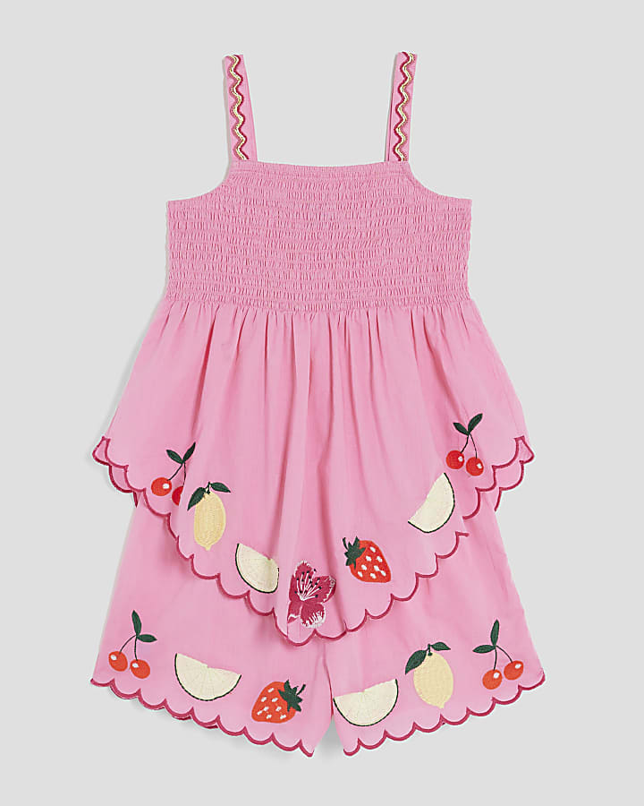Girls Pink Fruit Hanky Hem Cami Top Set