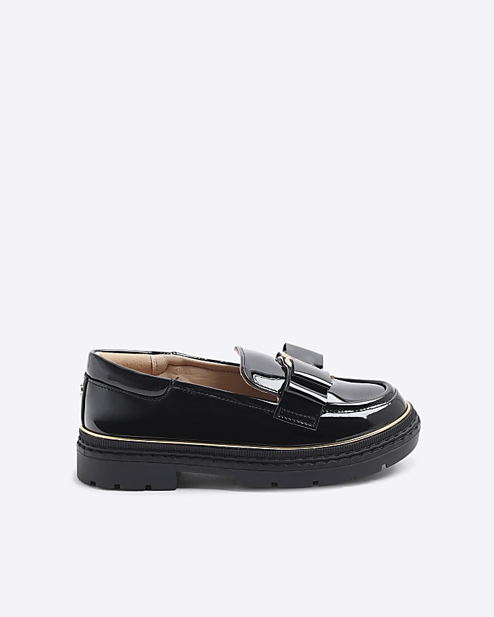 Girls Black Bow Patent Loafers