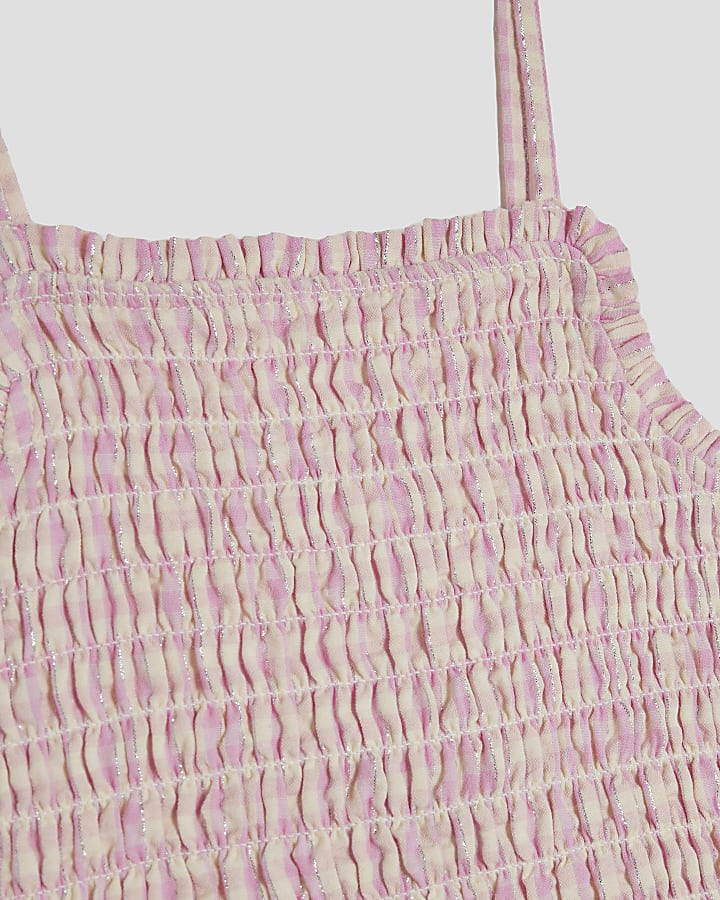 Girls Pink Shirred Gingham Dress