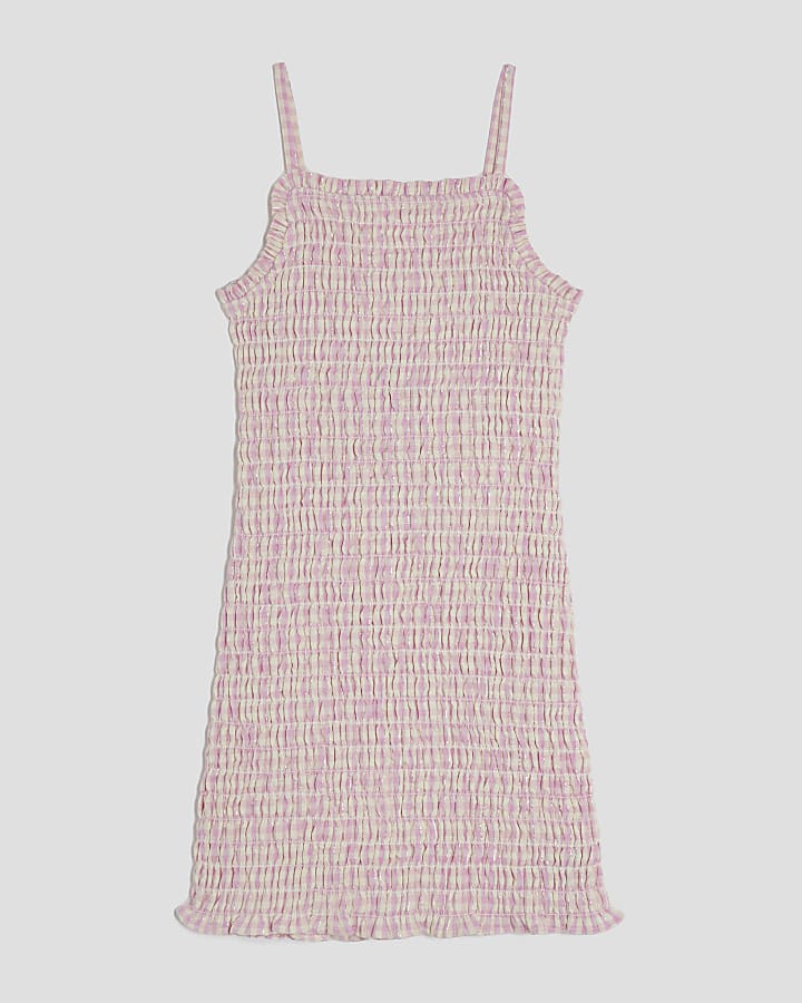 Girls Pink Shirred Gingham Dress