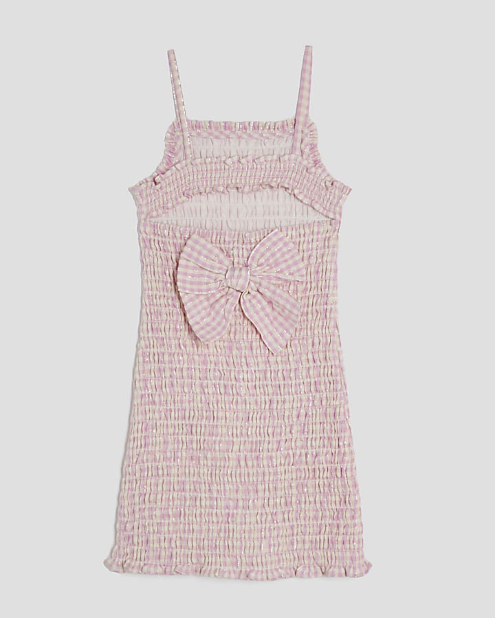Girls Pink Shirred Gingham Dress