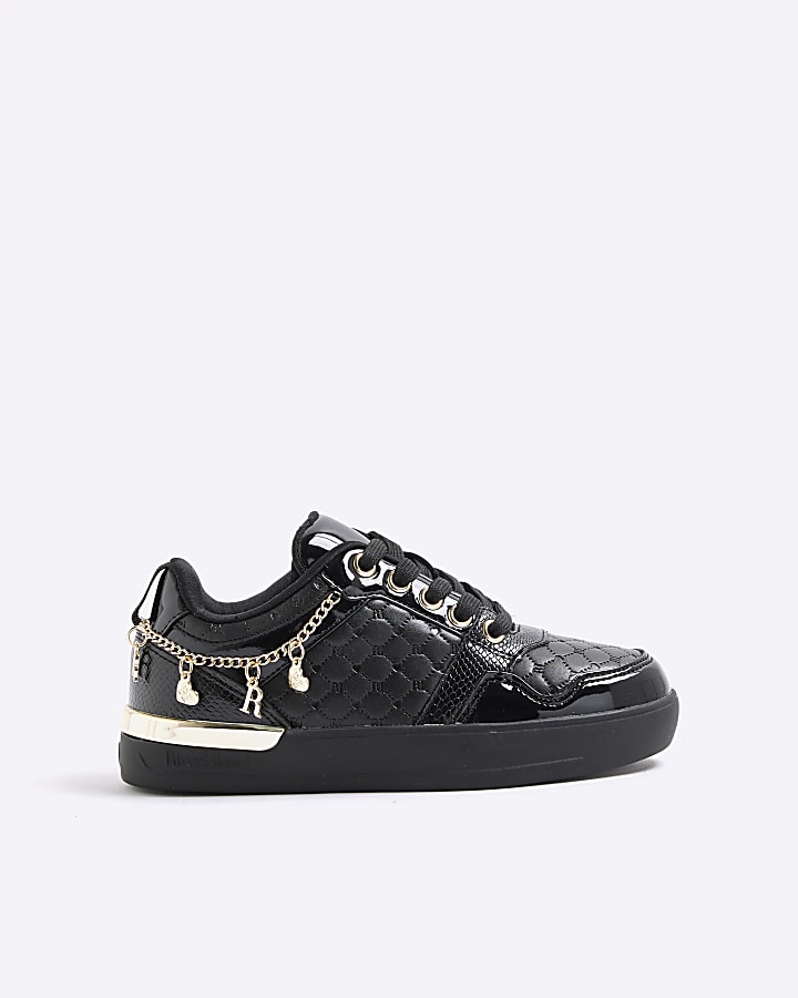 Girls Black Chain Charm Trainers