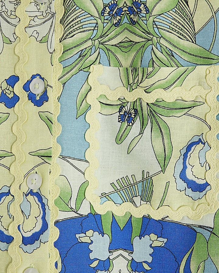 Girls Blue 3 Piece Palm Print Shirt Set