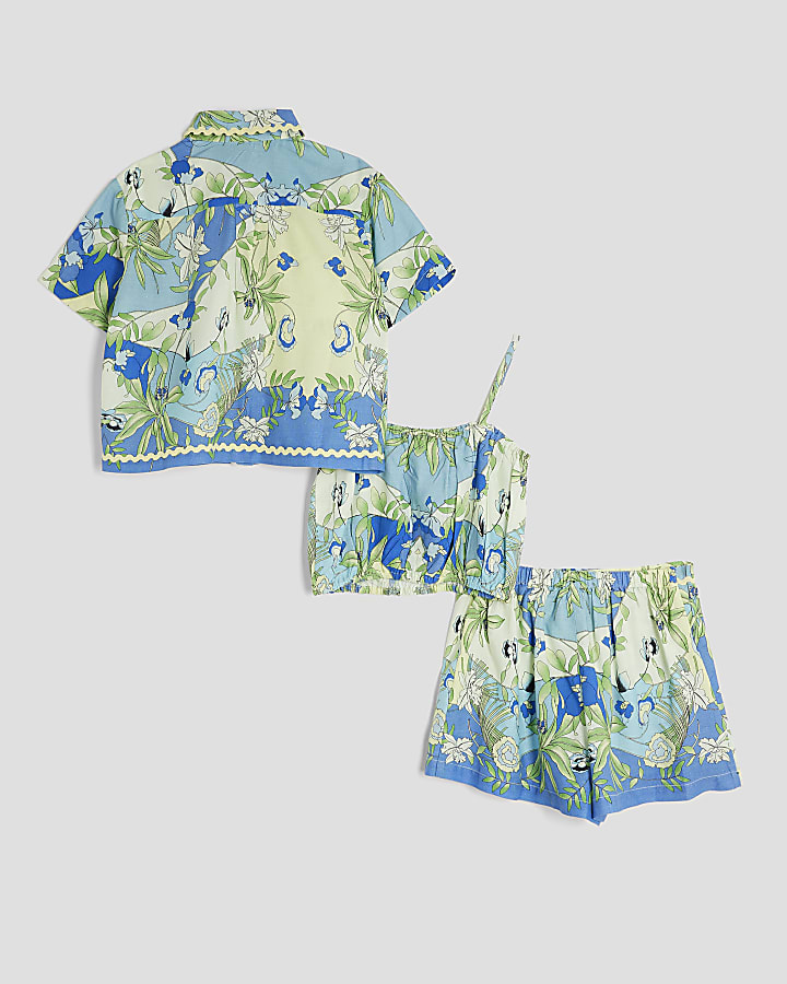 Girls Blue 3 Piece Palm Print Shirt Set
