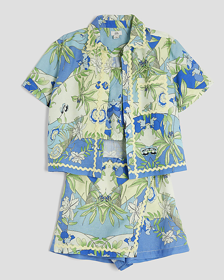 Girls Blue 3 Piece Palm Print Shirt Set