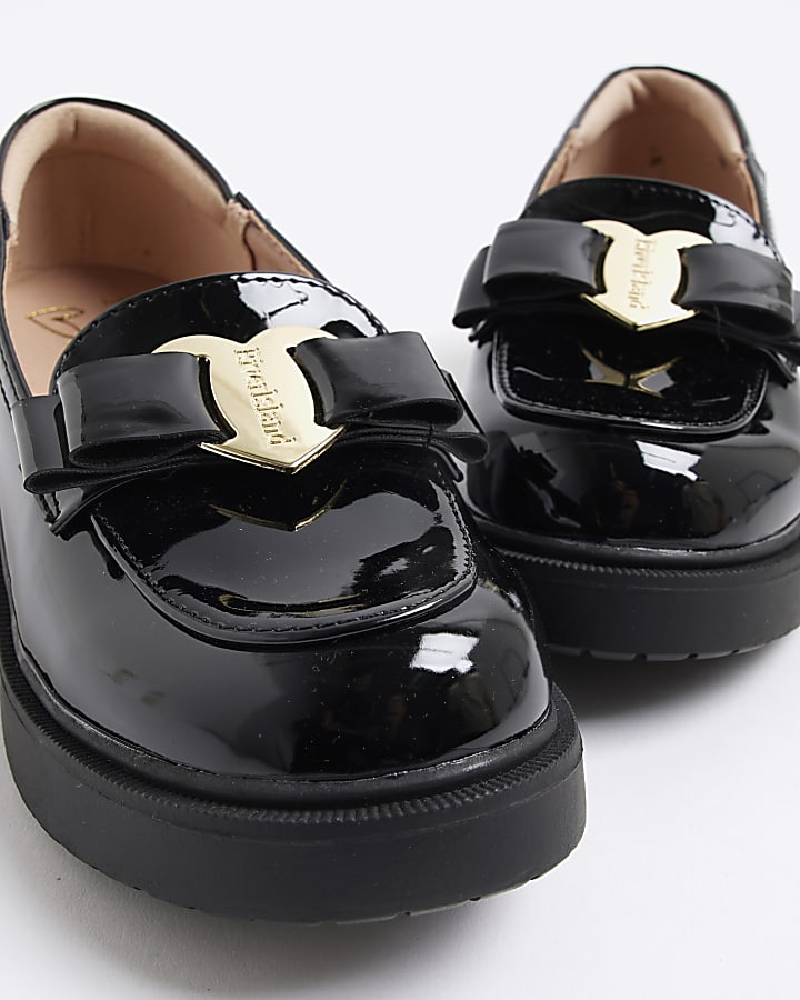 Girls Black Chunky Bow Loafers