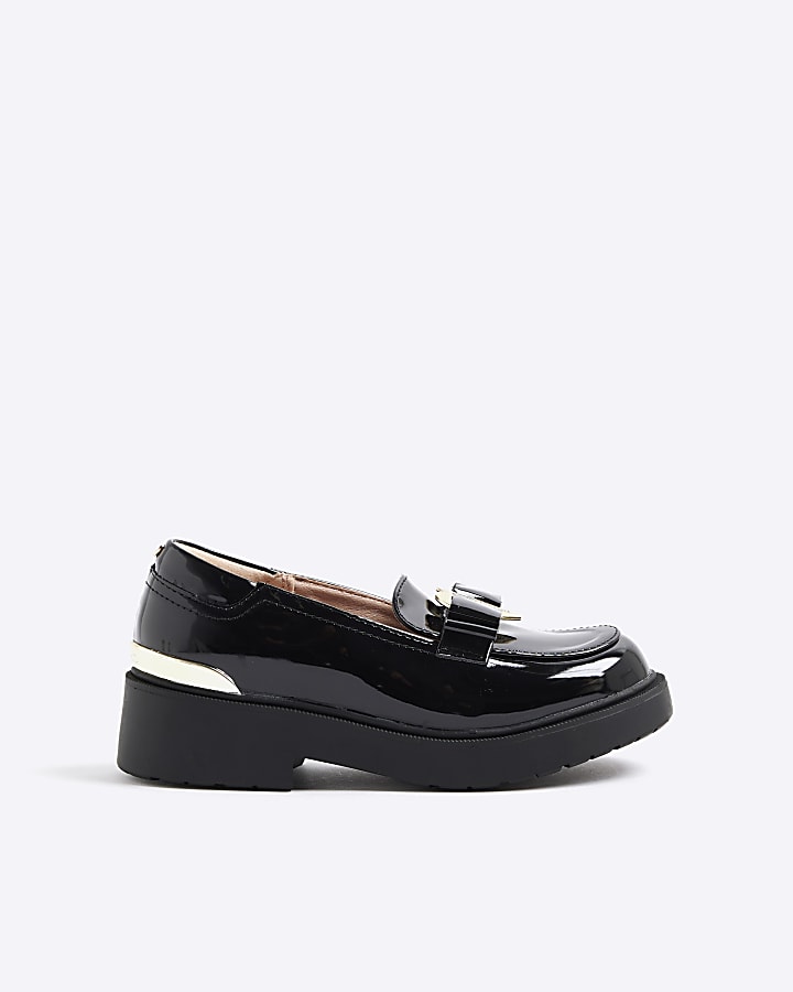 Girls Black Chunky Bow Loafers