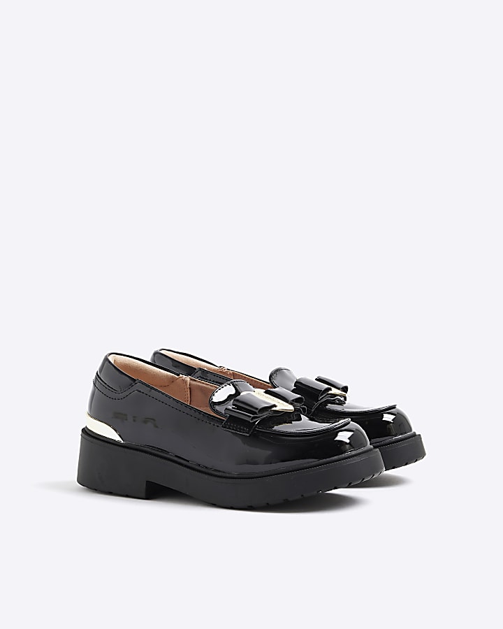 Girls Black Chunky Bow Loafers