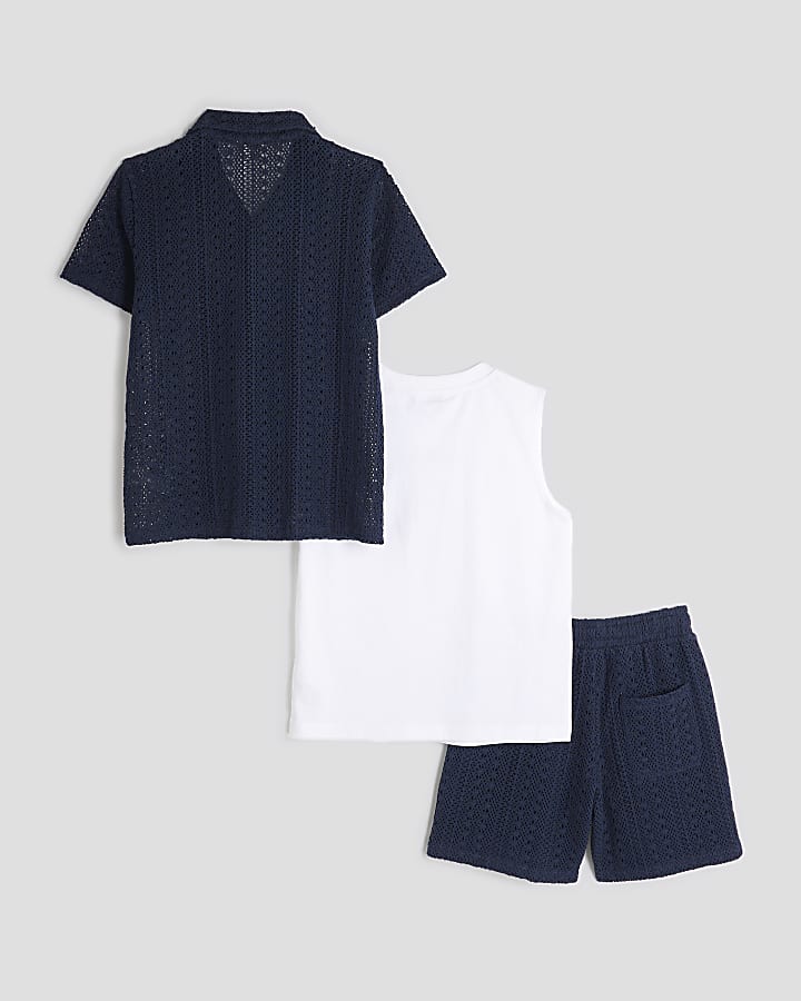 Boys Navy Crochet Shirt 3 Piece Set