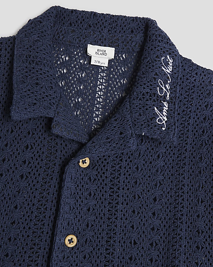 Boys Navy Crochet Shirt 3 Piece Set