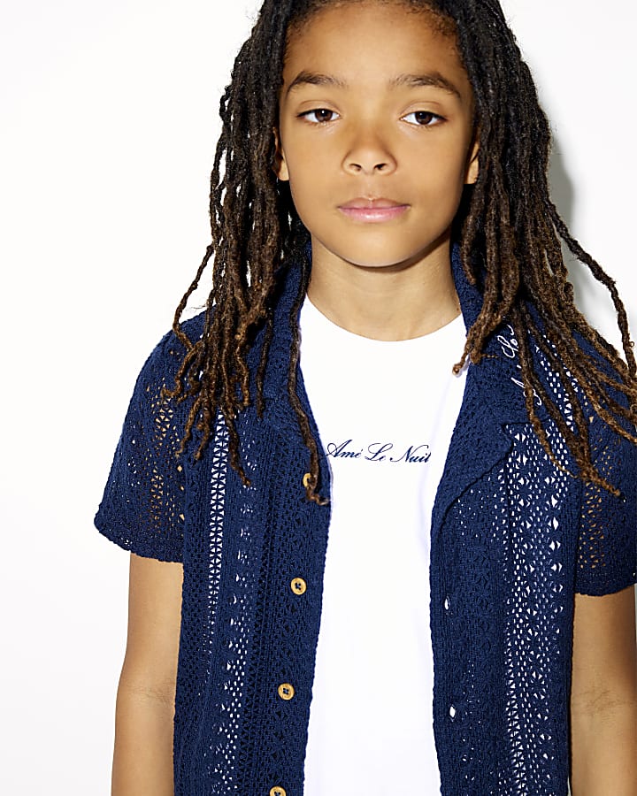 Boys Navy Crochet Shirt 3 Piece Set