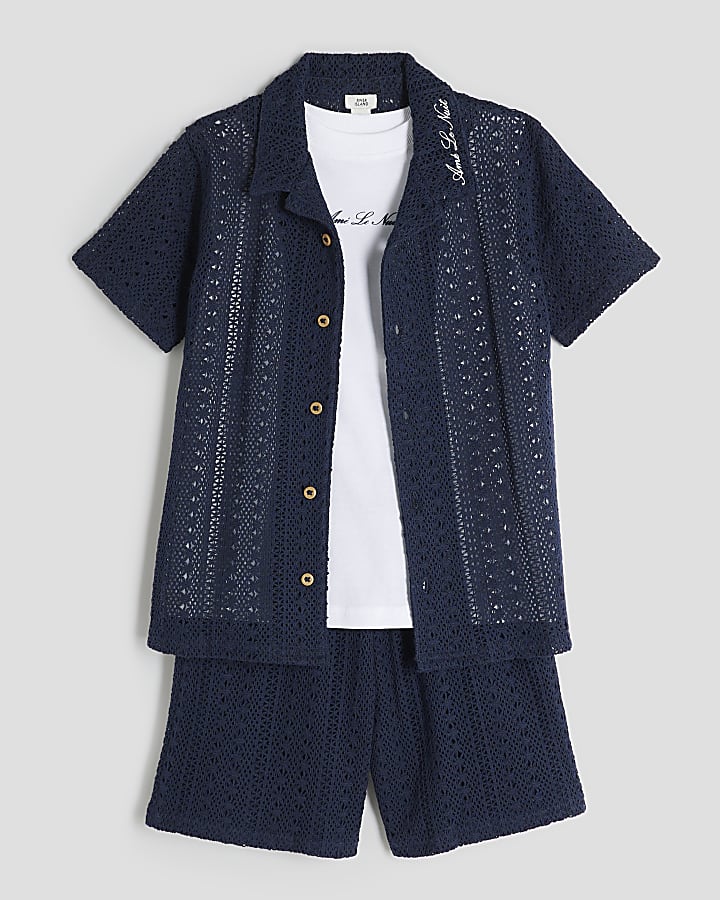 Boys Navy Crochet Shirt 3 Piece Set