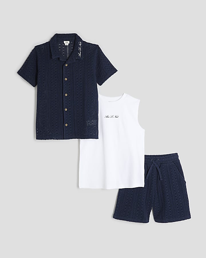 Boys Navy Crochet Shirt 3 Piece Set