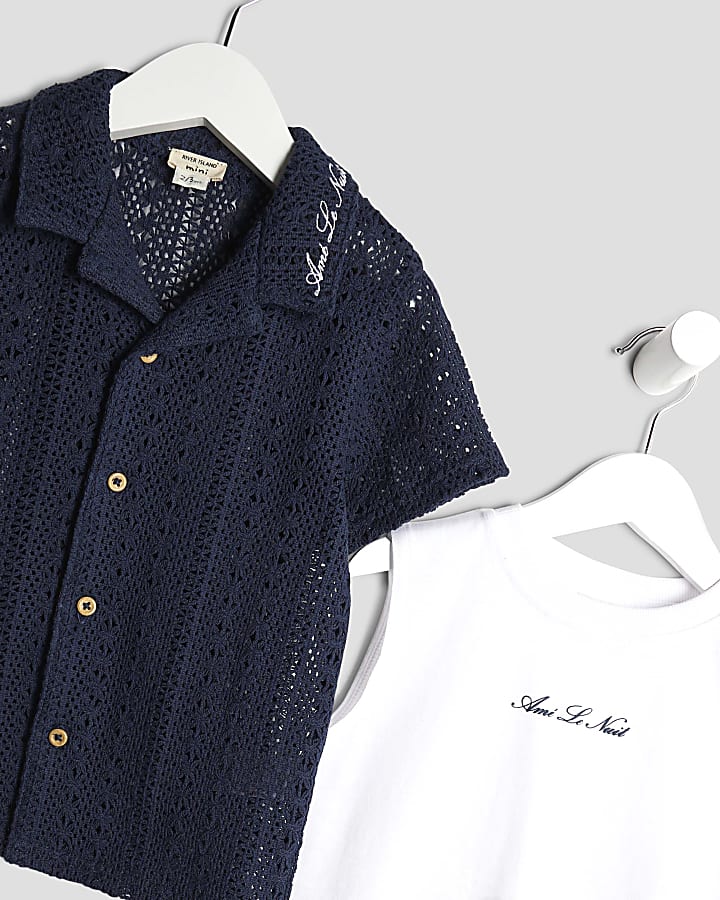 Mini Boys Navy Crochet Shirt 3 Piece Set