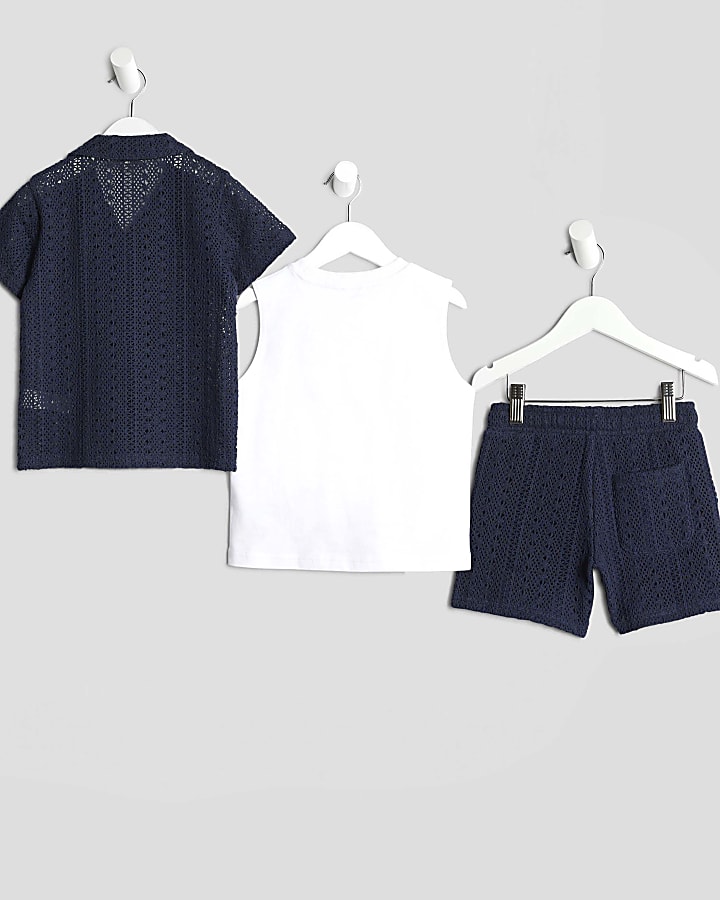 Mini Boys Navy Crochet Shirt 3 Piece Set