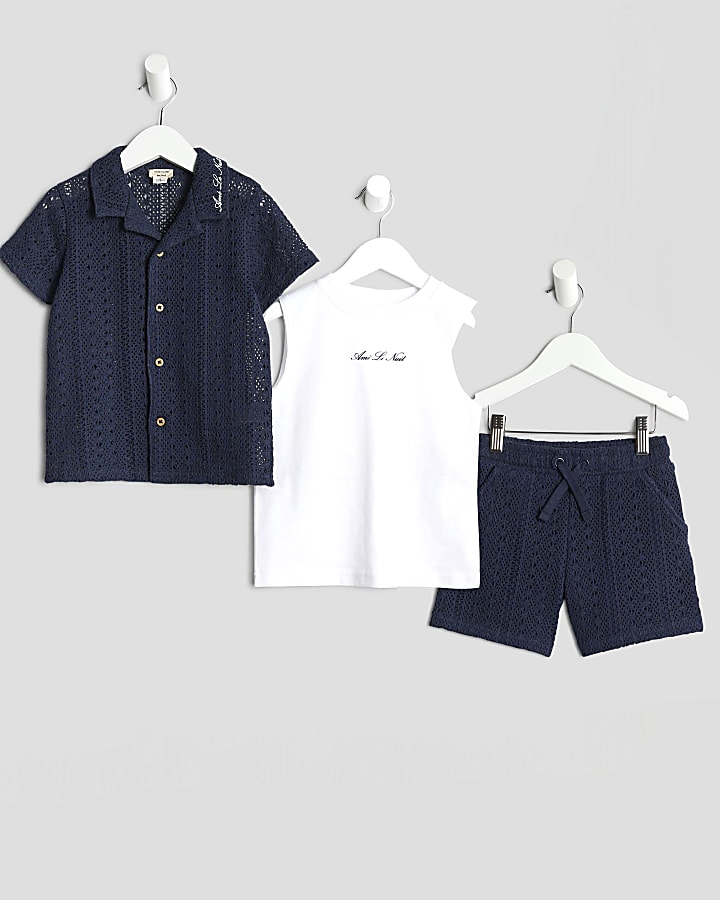 Mini Boys Navy Crochet Shirt 3 Piece Set