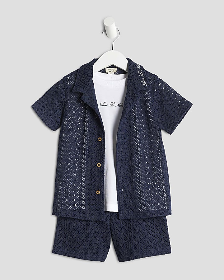 Mini Boys Navy Crochet Shirt 3 Piece Set