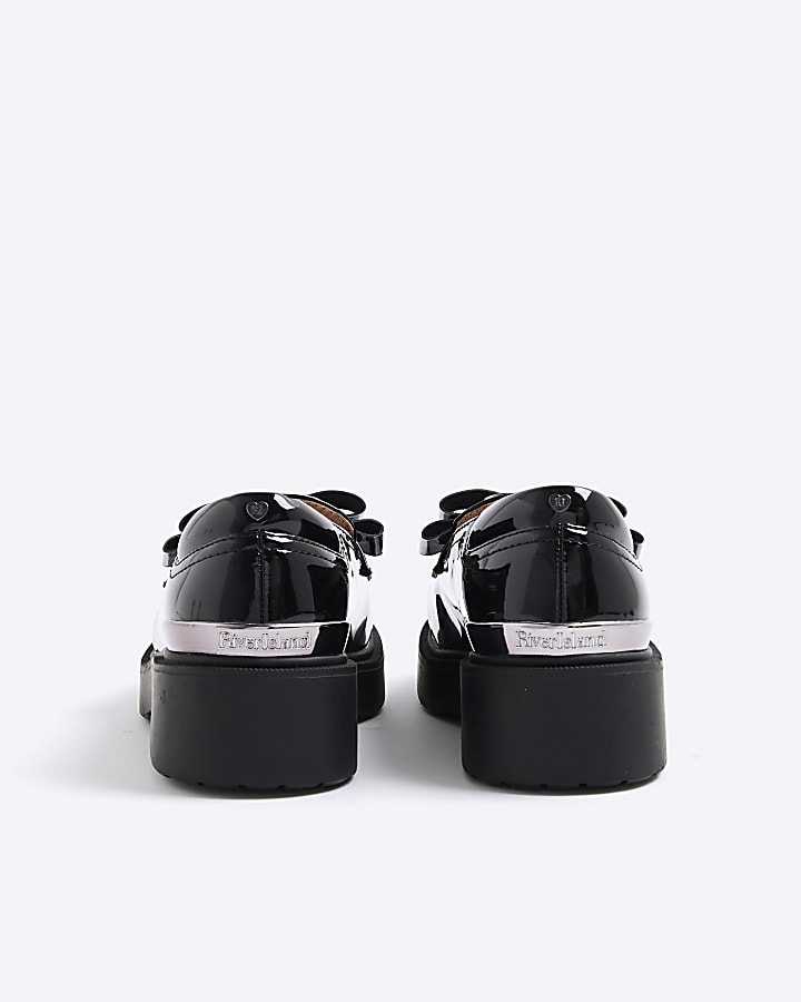 Girls Black Chunky Bow Loafers