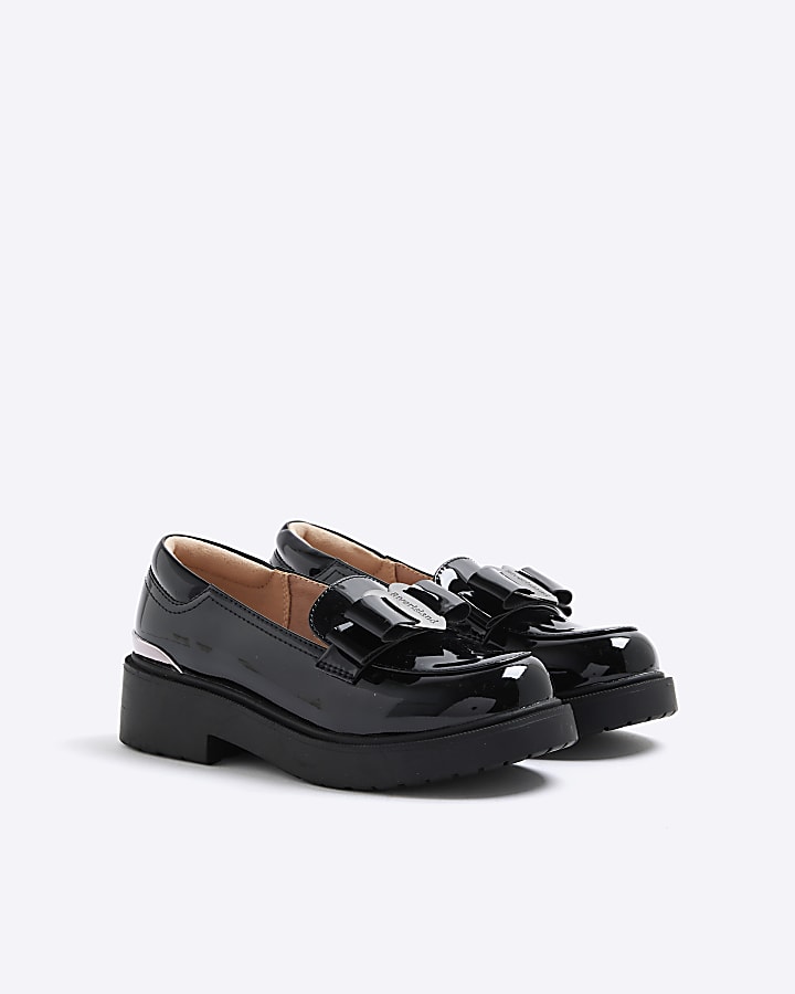 Girls Black Chunky Bow Loafers