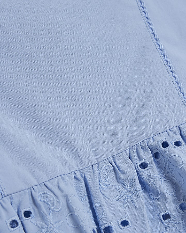 Mini Girls Blue Broderie Top And Trousers Set
