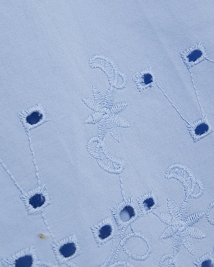 Mini Girls Blue Broderie Top And Trousers Set