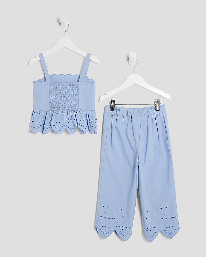 Mini Girls Blue Broderie Top And Trousers Set