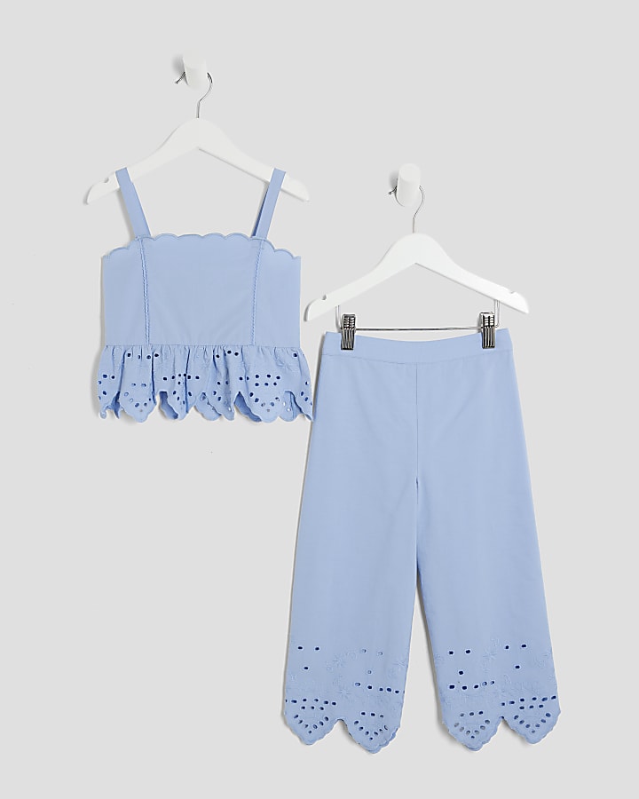 Mini Girls Blue Broderie Top And Trousers Set