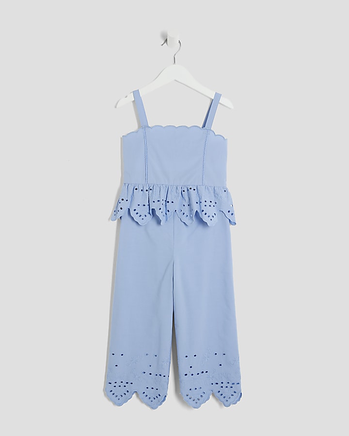 Mini Girls Blue Broderie Top And Trousers Set