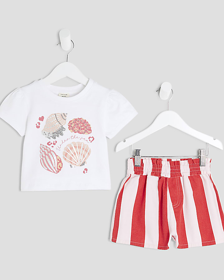 Mini Girls White Shell Stripe Shorts Set