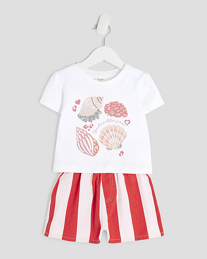 Mini Girls White Shell Stripe Shorts Set
