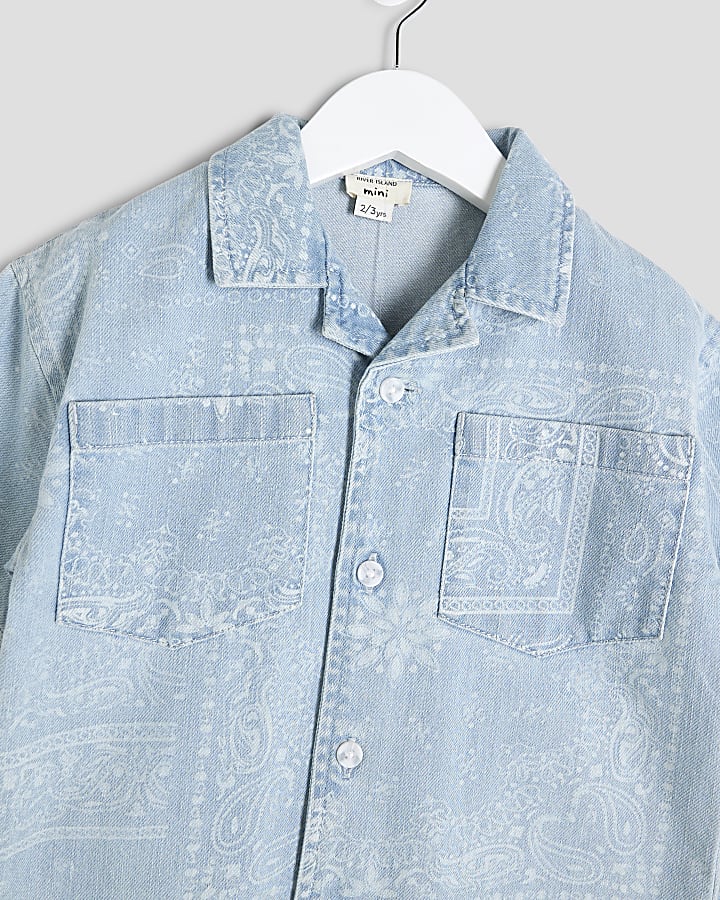 Mini Boys Blue Denim Paisley Shirt Set